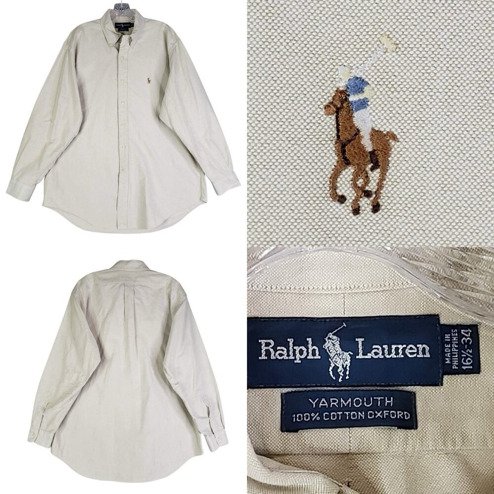 Polo Ralph Lauren Shirt Oxford Men's 16.5 XL Light Beige Long Sleeve Button Down